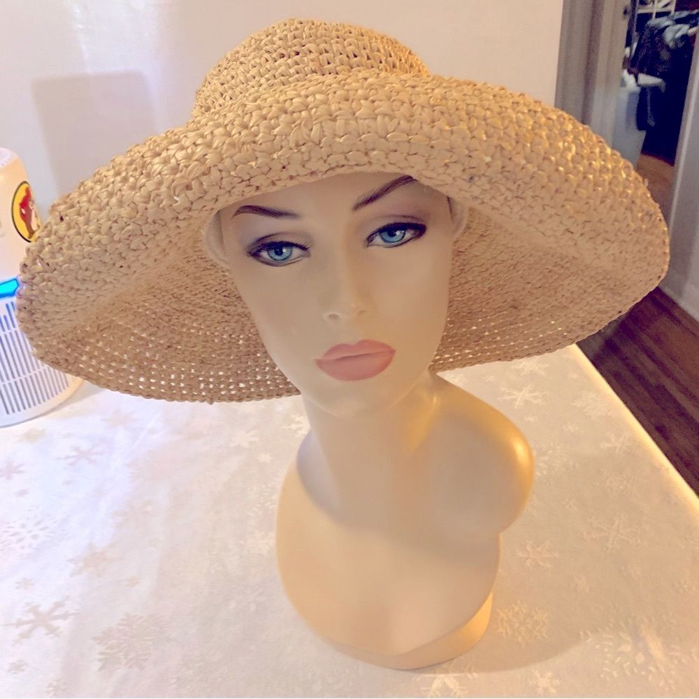 Scala Straw Floppy Bucket Hat Tan & Headband Italy Sz Medium 22" made in Italy